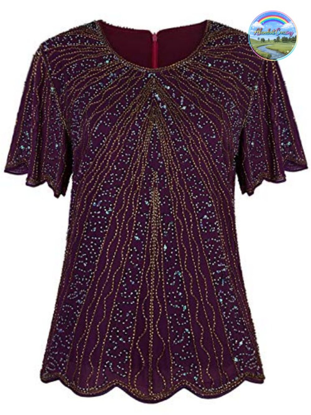 1920s Beaded Sequin Chiffon Evening Top Art Deco Scalloped Hem Blouse